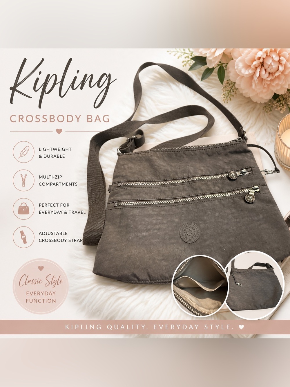 Kipling Gray Nylon Crossbody Bag Multi Zip Lightweight Travel Purse